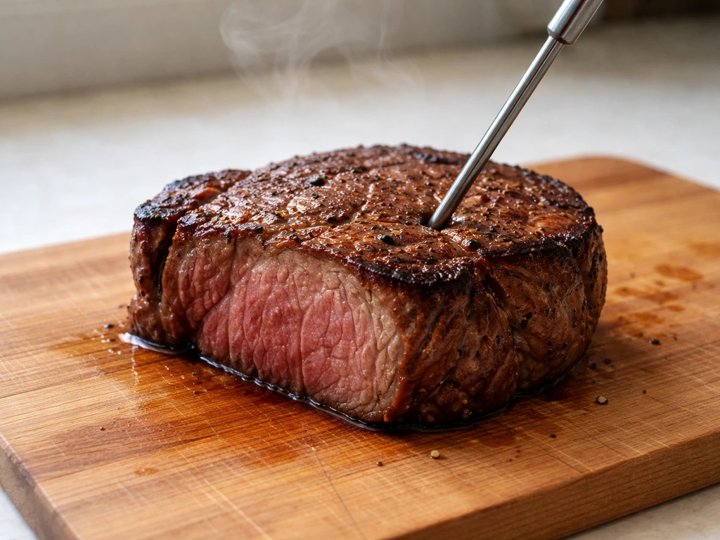 Food thermometer inserted into a slice of cooked meat to check safe internal temperature
