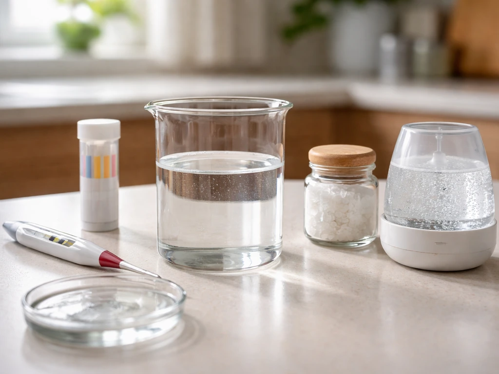 Minimal countertop scene with beaker, thermometer, water, pH strip container, and salt jar showing growth conditions.