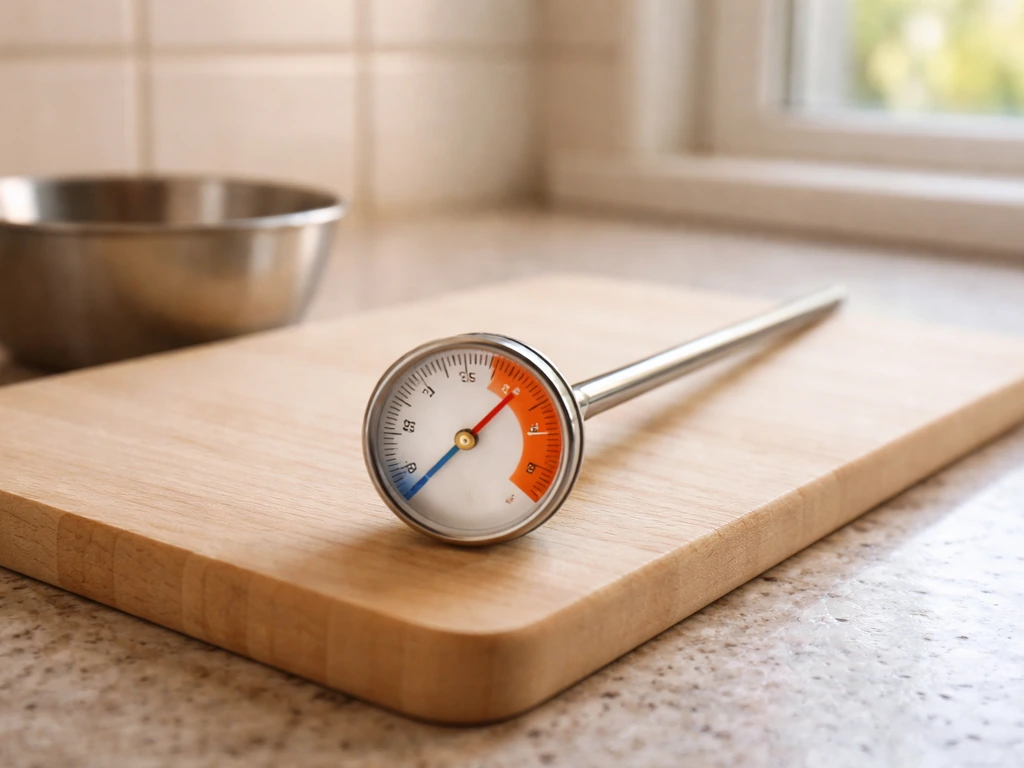 Kitchen countertop with an analog thermometer color bands implying a dangerous temperature range.