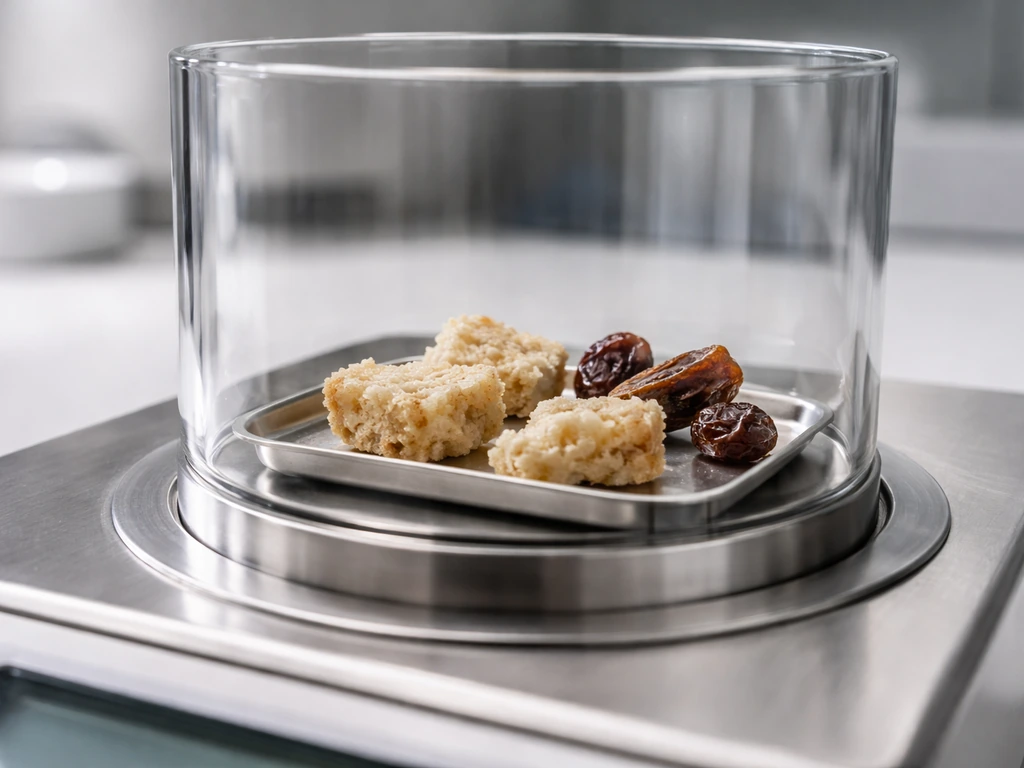 Close-up of food samples with varying moisture beside a simple water-activity meter chamber concept