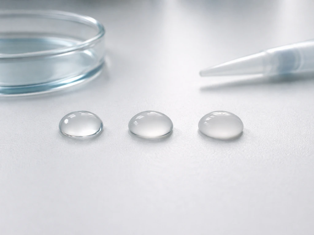 Close-up of clear saline droplets forming a gradient on a lab bench, showing osmotic stress concept.