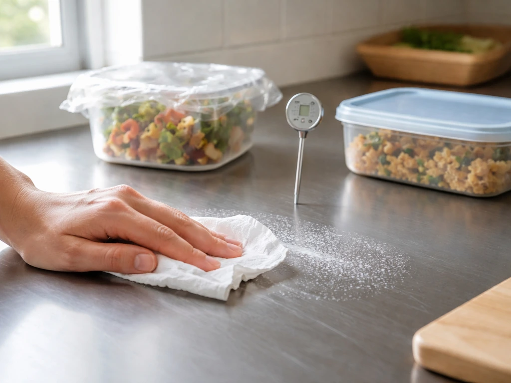 Minimal kitchen scene showing a thermometer near containers and a chef wiping a countertop with cleaner.