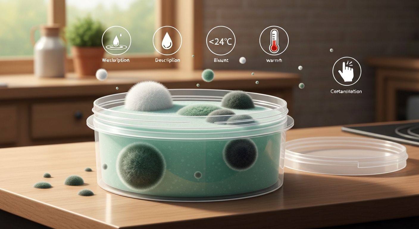Illustration of a clear container of homemade slime with visible mold colonies on the surface, airborne spores, and icons showing moisture, temperature, and a hand touch.