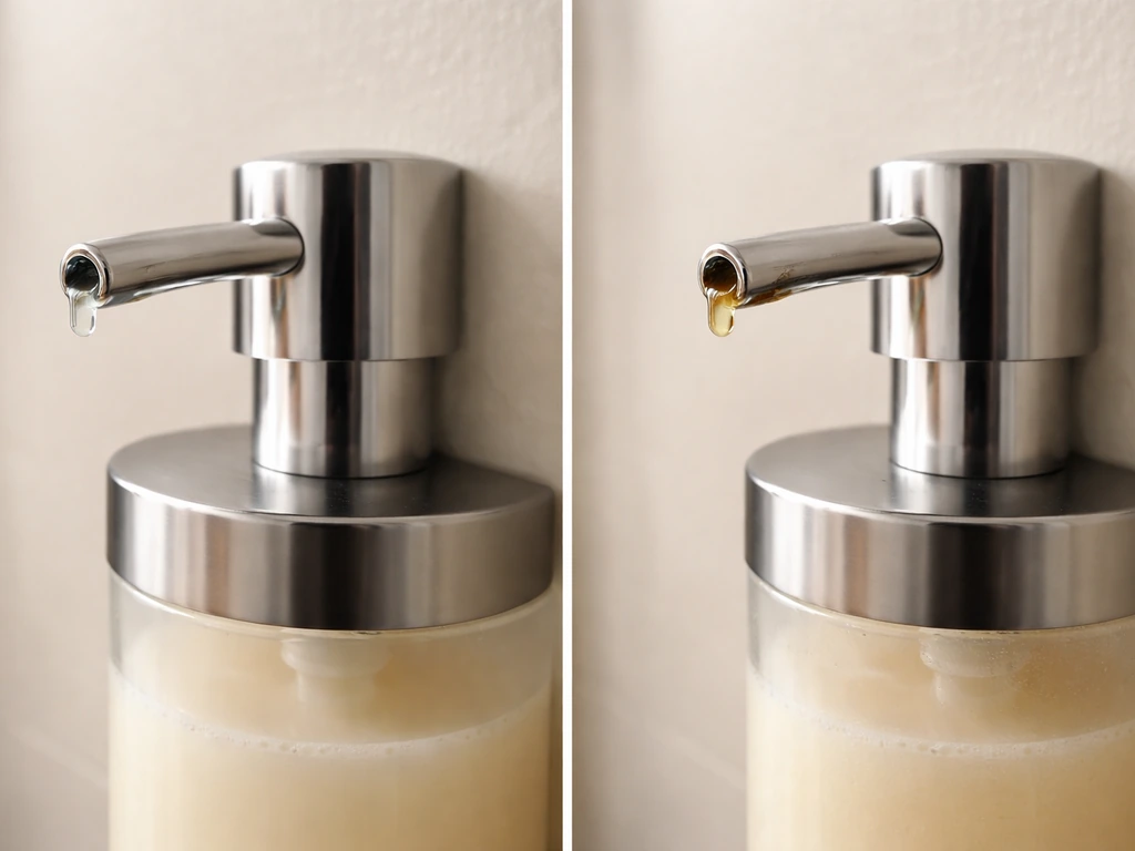 Side-by-side close-up of a clean soap dispenser nozzle versus one with discolored residue and grime.