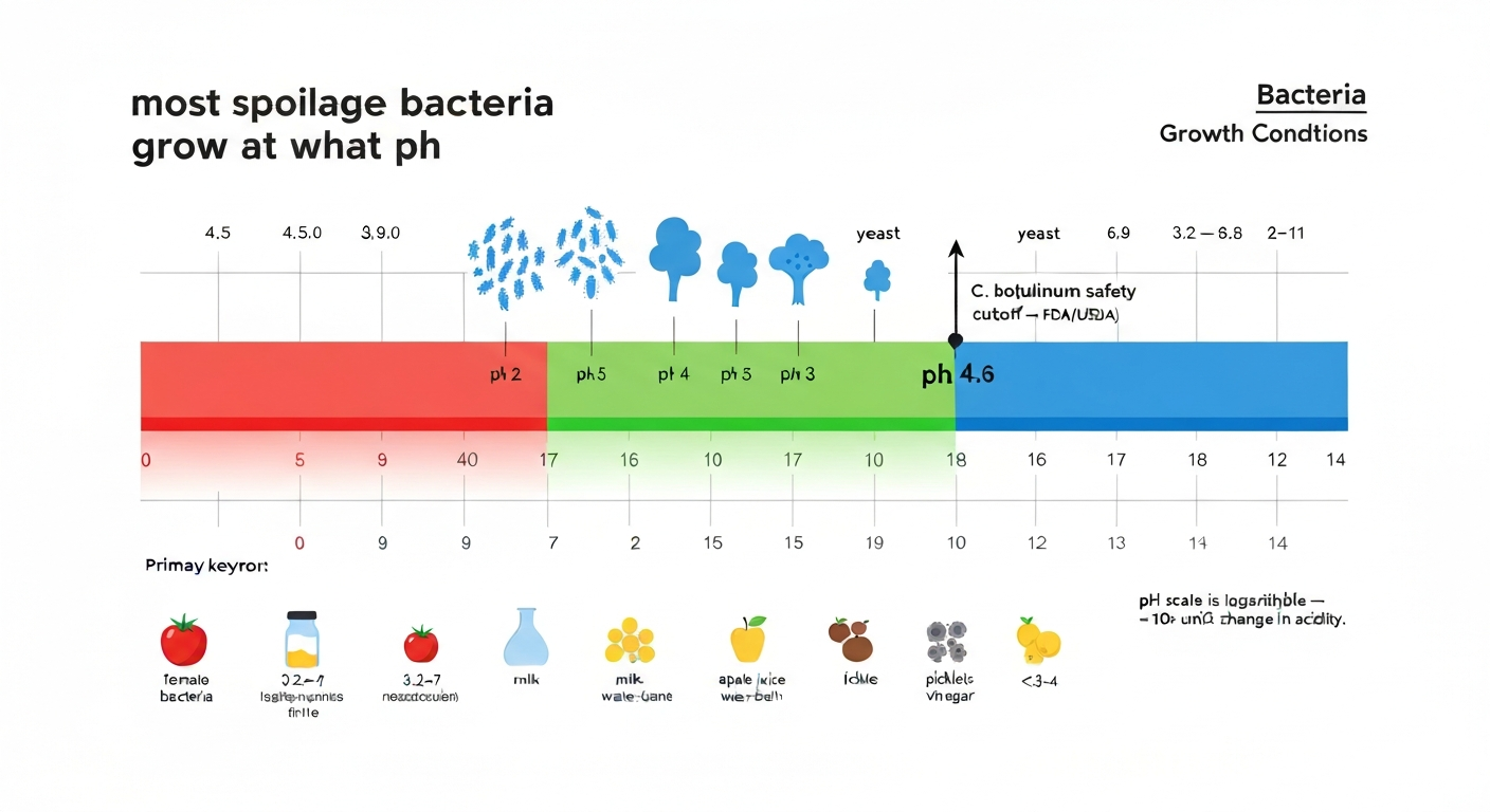Infographic showing a horizontal pH scale with bacterial growth band (≈4.5–9.0) highlighted, a vertical marker at pH 4.6 labeled as the botulism/canning safety cutoff, icons for bacteria, yeasts, and molds aligned to their pH tolerances, and food icons with example pH values.