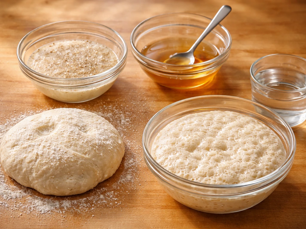 Four small bowls on a wooden counter showing warm yeast proofing, sugar solution, hydrated dough, and bubbling fermentat
