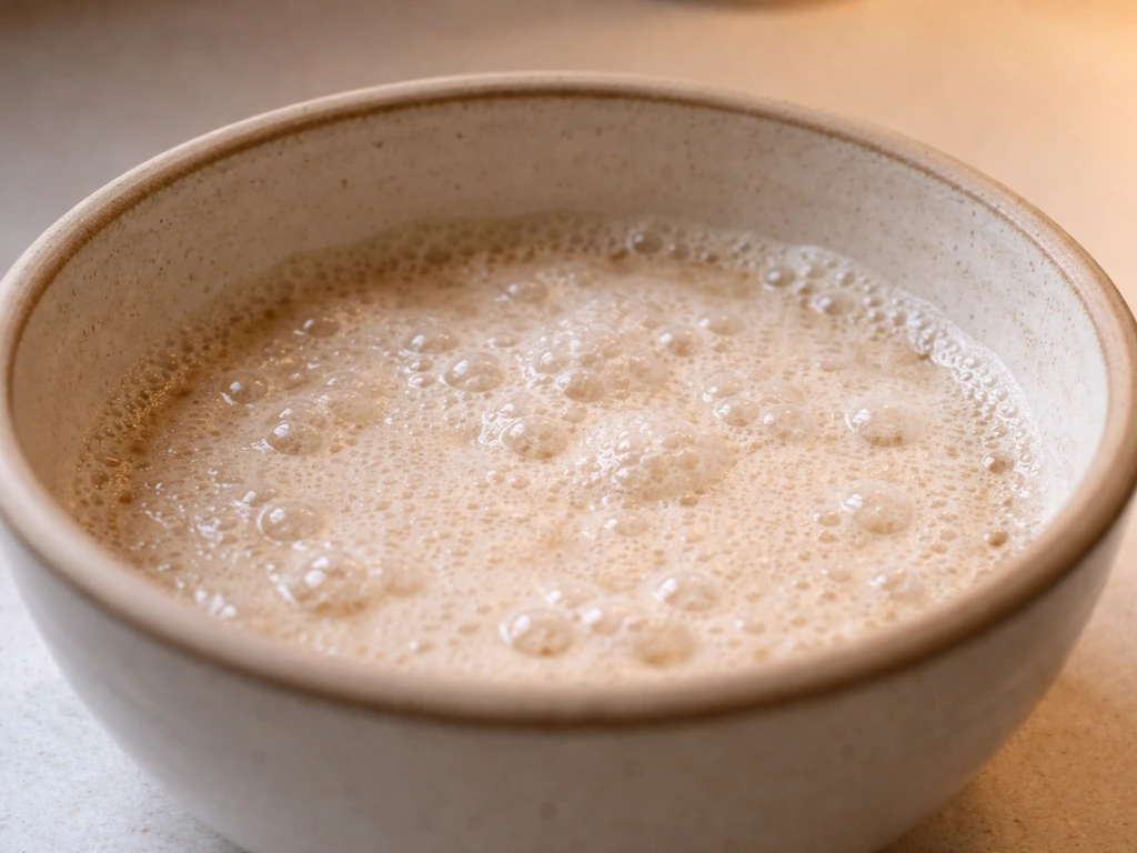 Close-up of bubbling yeast dough in a warm proofing bowl, showing active fermentation foam.