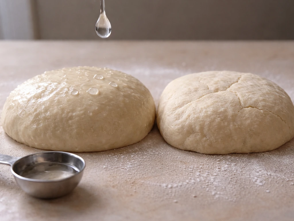 Side-by-side hydrated and dry dough with a water droplet and a small spoon on a simple tabletop.