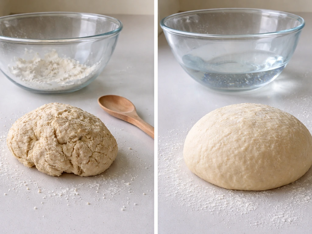 Split baking scene: one dry, overly salted dough in background, and one properly mixed, hydrated dough in foreground.