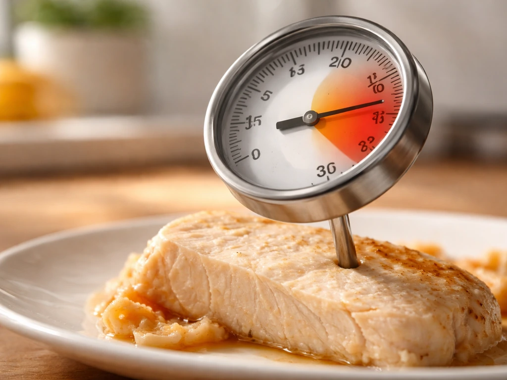 Close-up of a food surface beside a thermometer showing a highlighted danger temperature band.