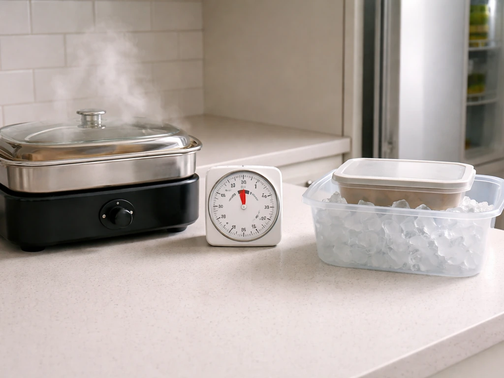 Countertop timer beside hot holding unit steaming food, with a nearby container in cold storage