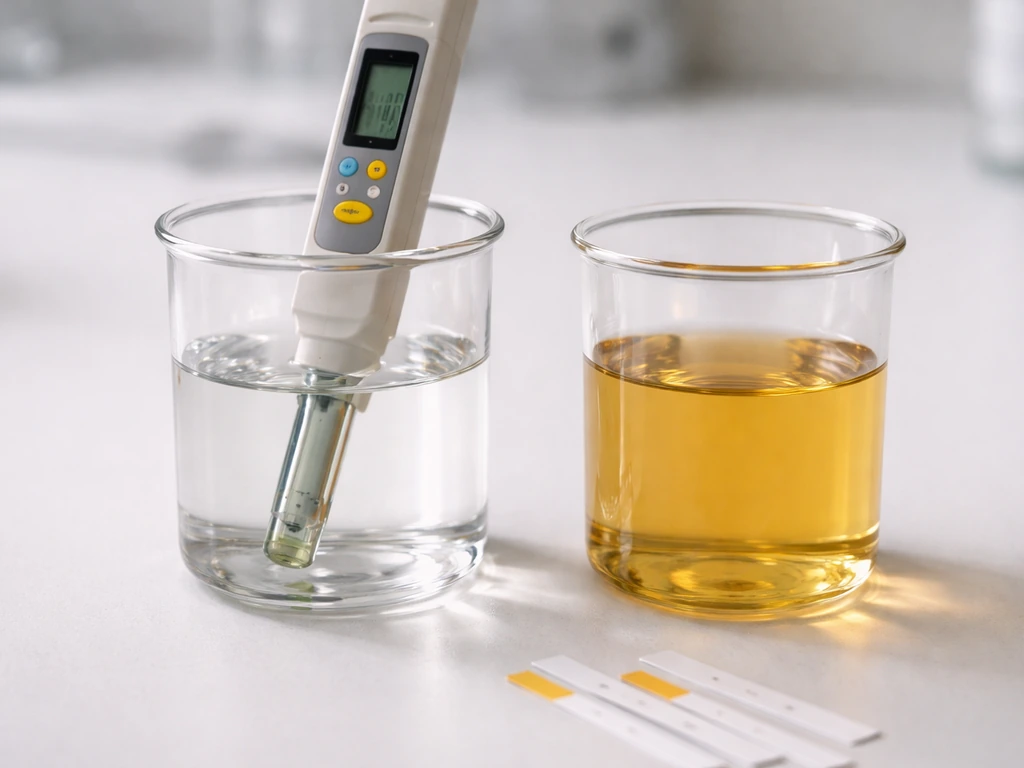 Close-up of a pH meter display and two beakers with neutral and acidic liquids in soft natural light.