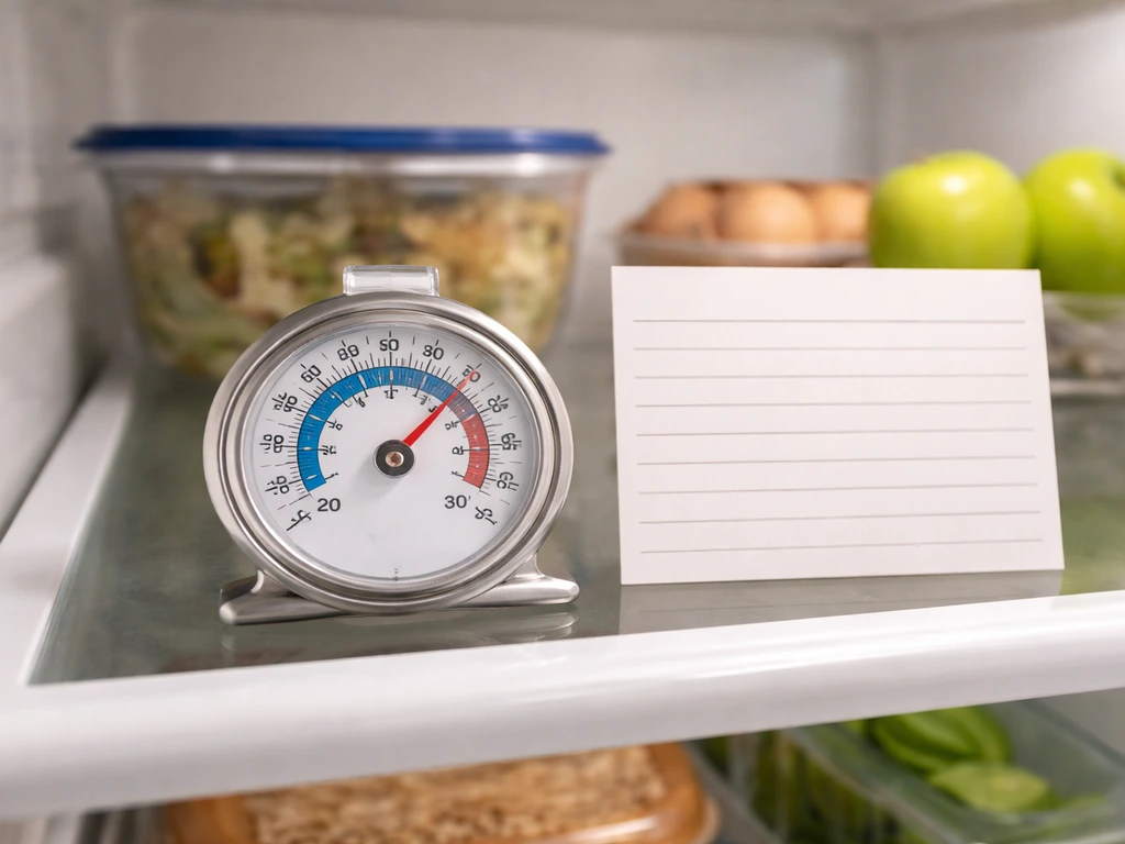 Refrigerator shelf with an indoor thermometer showing 40°F or below and a reminder card for 2-hour refrigeration