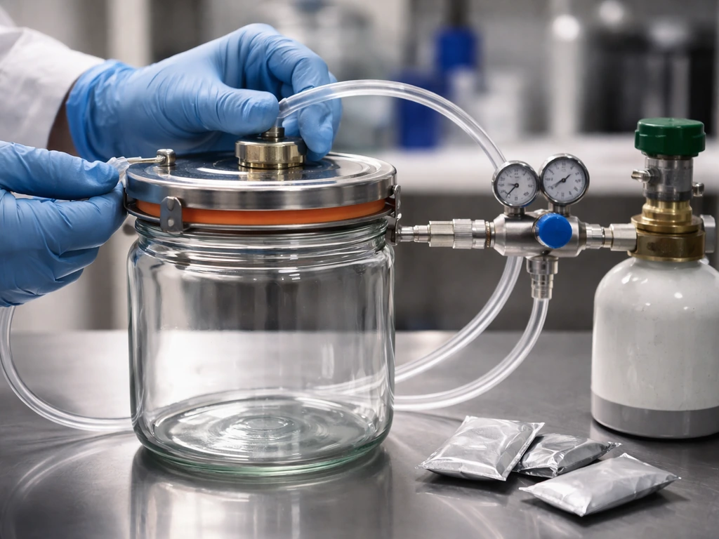 Gloved hands connecting tubing to a sealed lab jar for controlled microaerobic gas conditions.