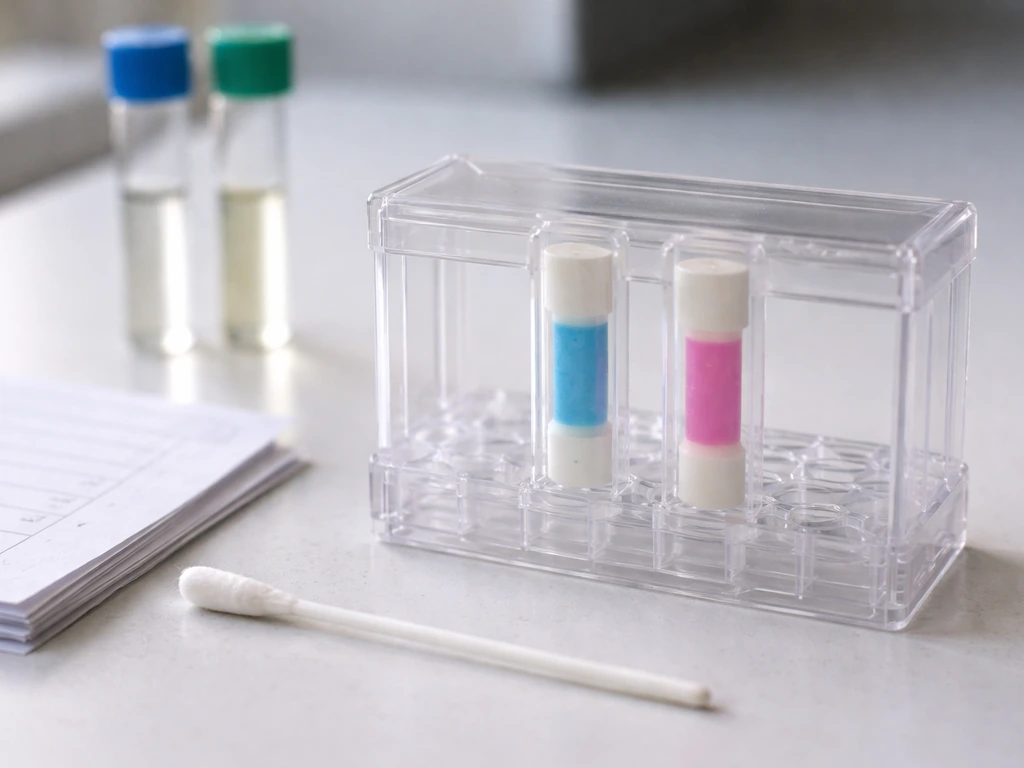 Close-up of anaerobic indicator strips and blank lab checklist papers beside capped culture tubes on a bench.