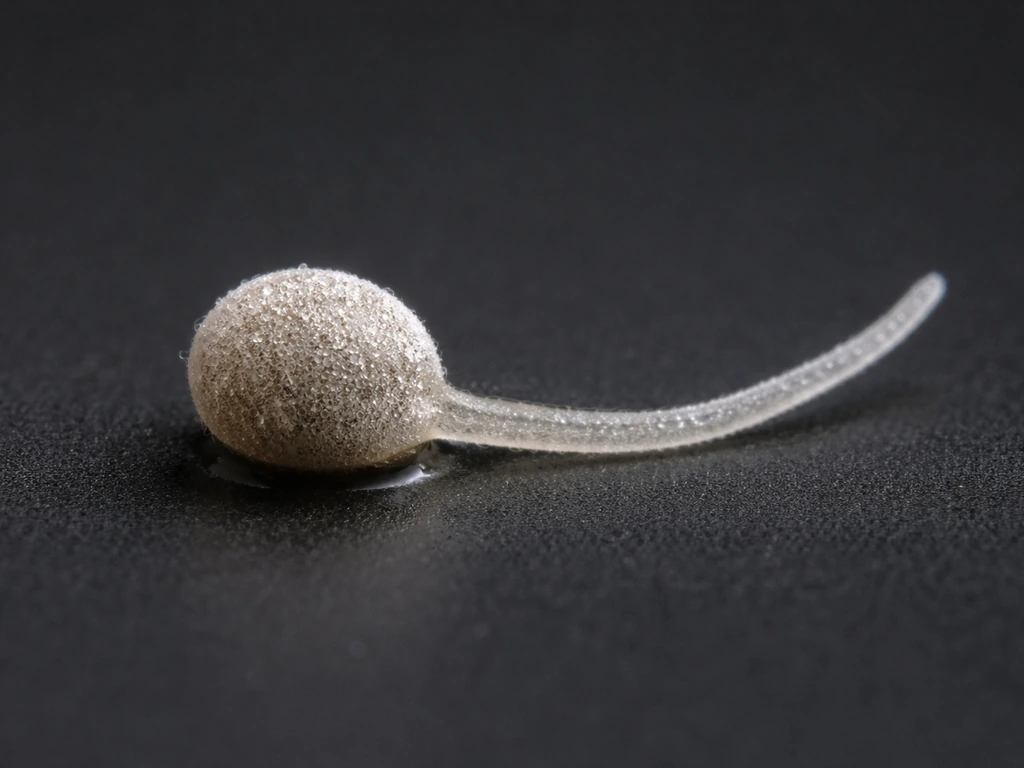 Ultra-macro view of a fungal spore germinating, with a germ tube extending into an early hypha.