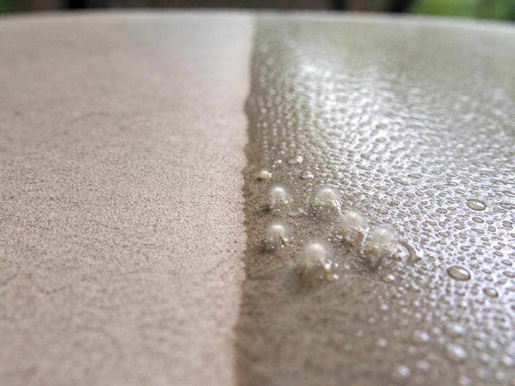 Split dry vs damp ceramic surface showing condensation and subtle early fungal growth near moisture