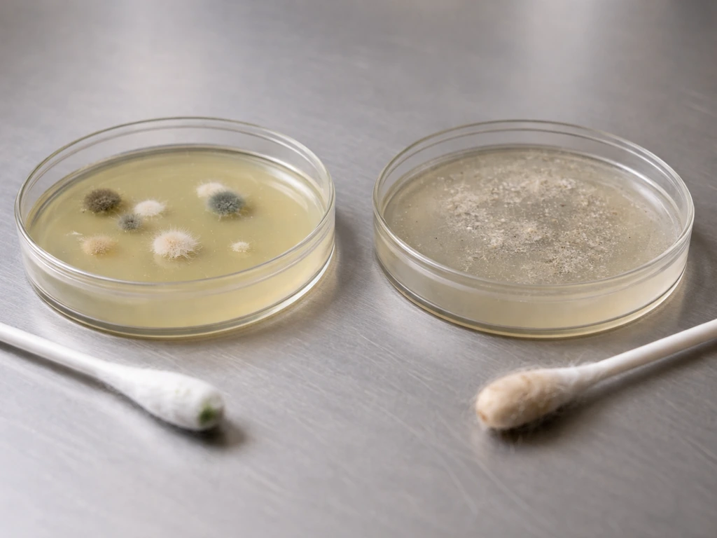 Side-by-side lab dishlets with distinct fuzzy specks and dusty residue textures on swabs.