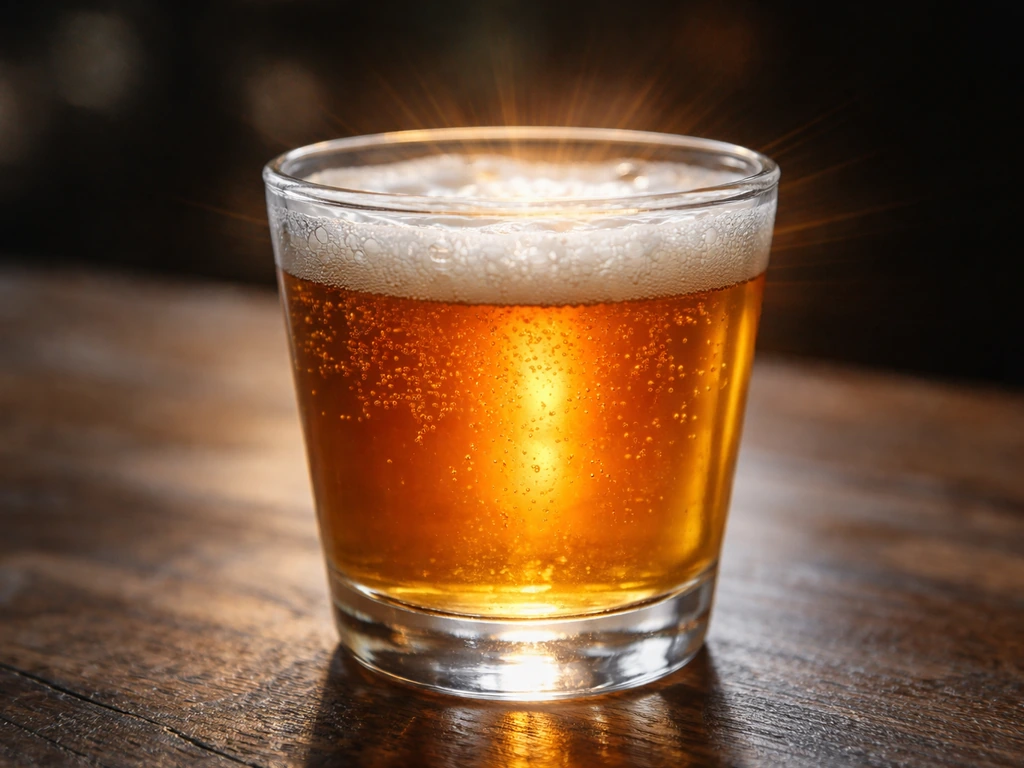 Close-up of amber beer liquid with a subtle bright halo, suggesting ethanol’s antifungal barrier effect.