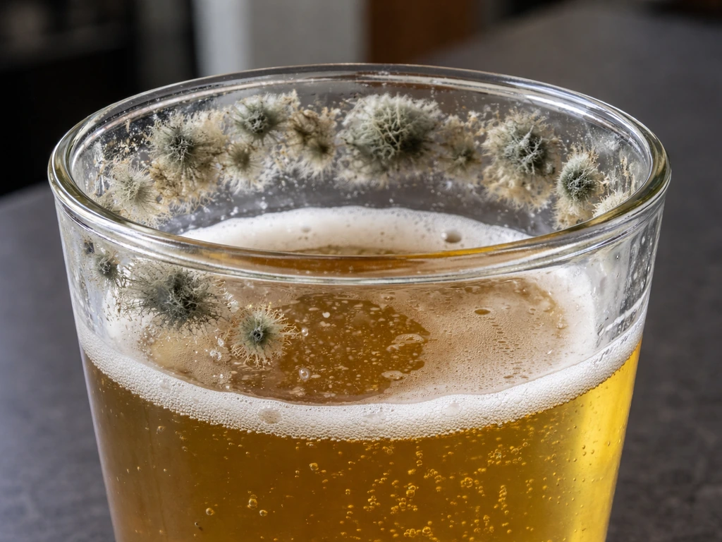 Close-up of clear beer in a glass with fuzzy mold-like patches clinging near the rim.