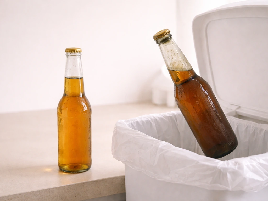 Unopened clean beer on a counter next to a contaminated bottle being discarded into a trash bin.