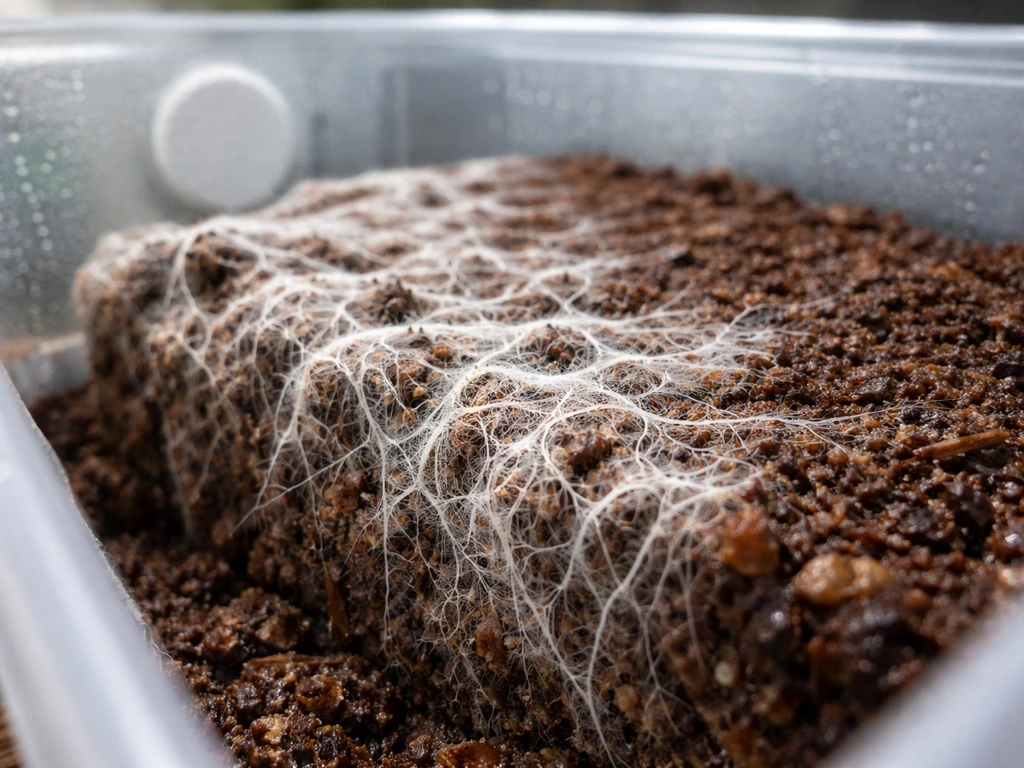 Macro view of white mycelium hyphae on a moist substrate block with subtle airflow/condensation cues.