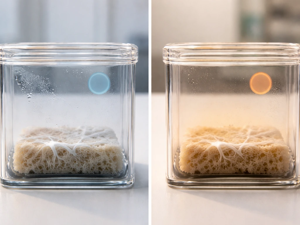 Two clear mycelium growth chambers side-by-side showing cool vs warm gas cues for oxygen use and CO2 buildup.