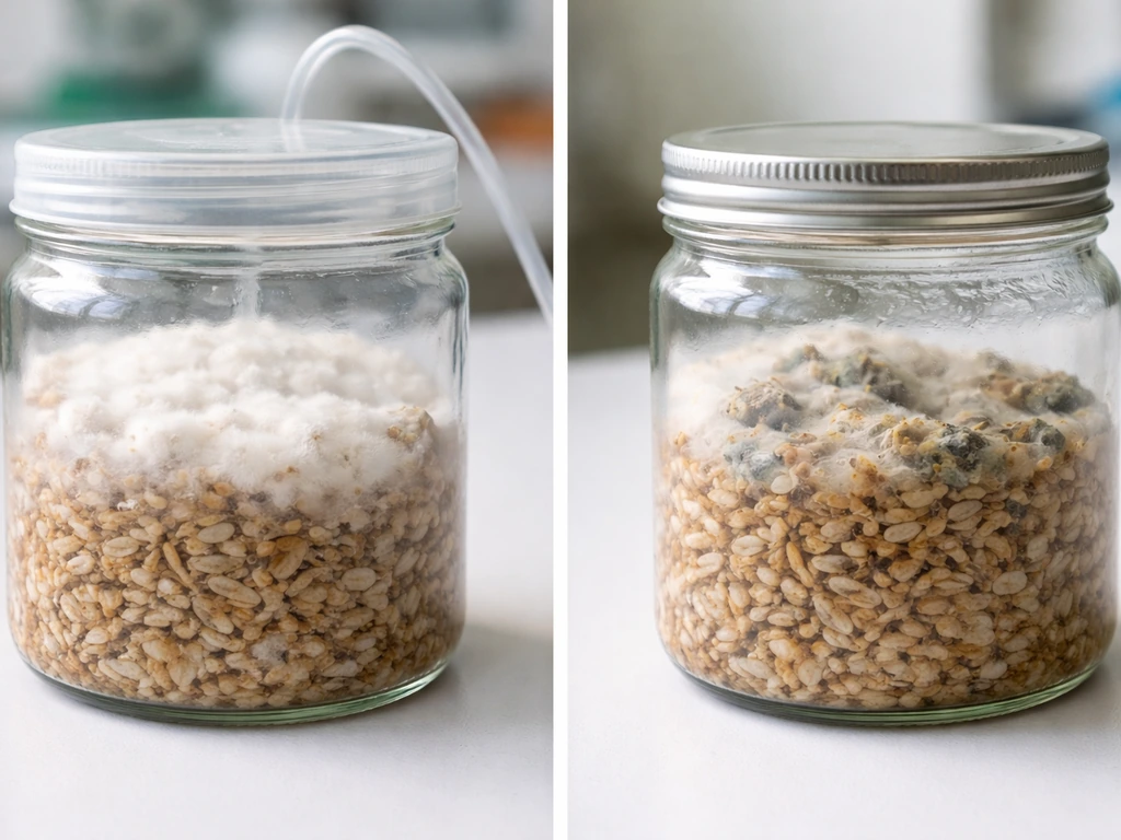 Side-by-side incubation containers showing dense aerobic fungal growth vs sparse oxygen-restricted growth.