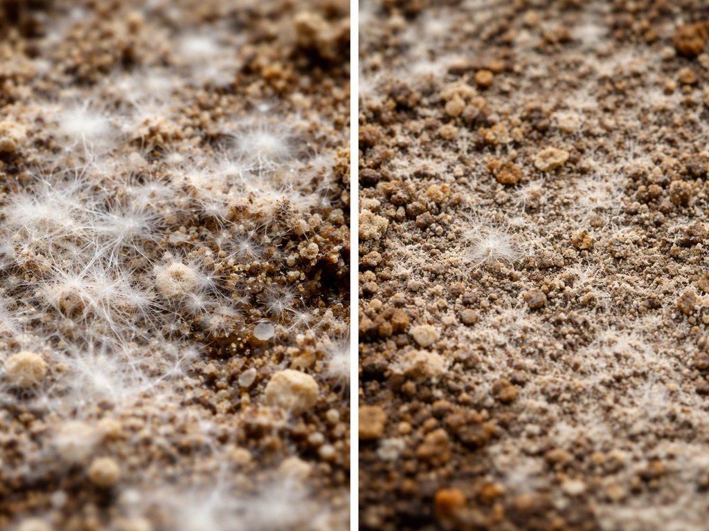 Close-up mycelium on substrate showing thin wispy growth and separately a dry cracked surface indicating air imbalance.