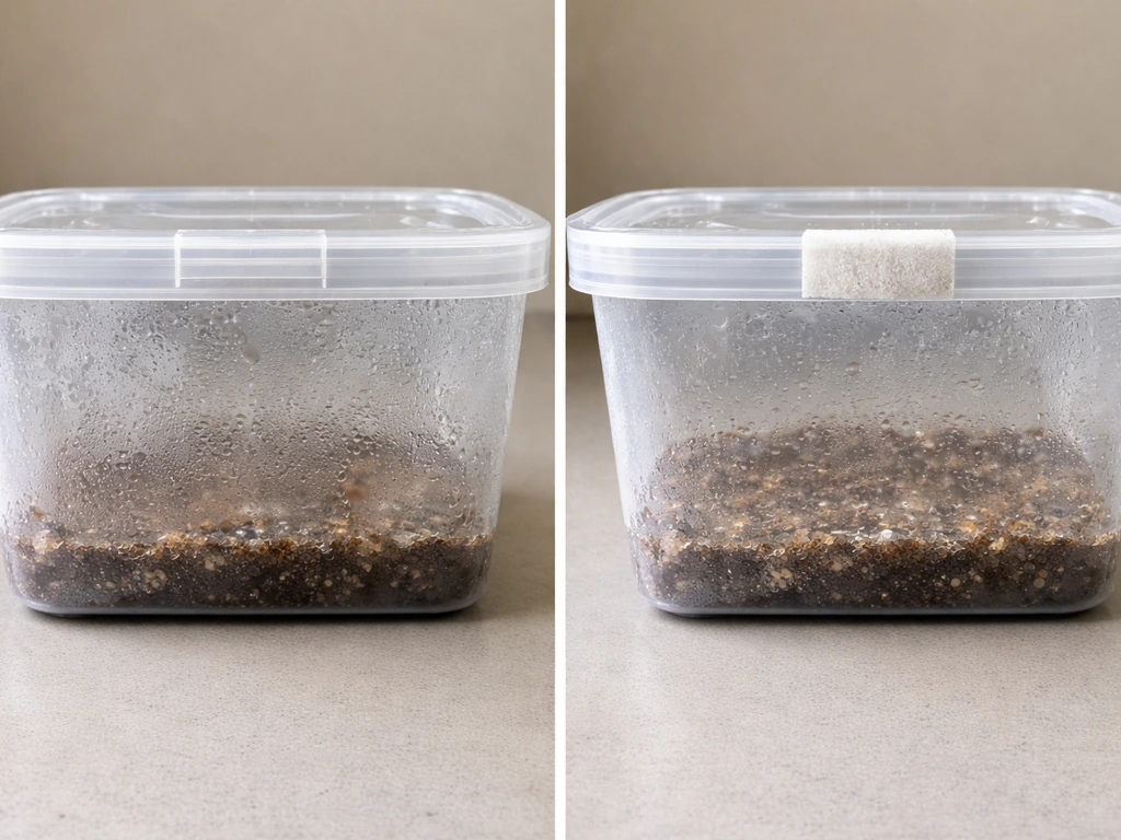 Split photo: sealed container with foggy condensation vs properly vented container with clear surface moisture.