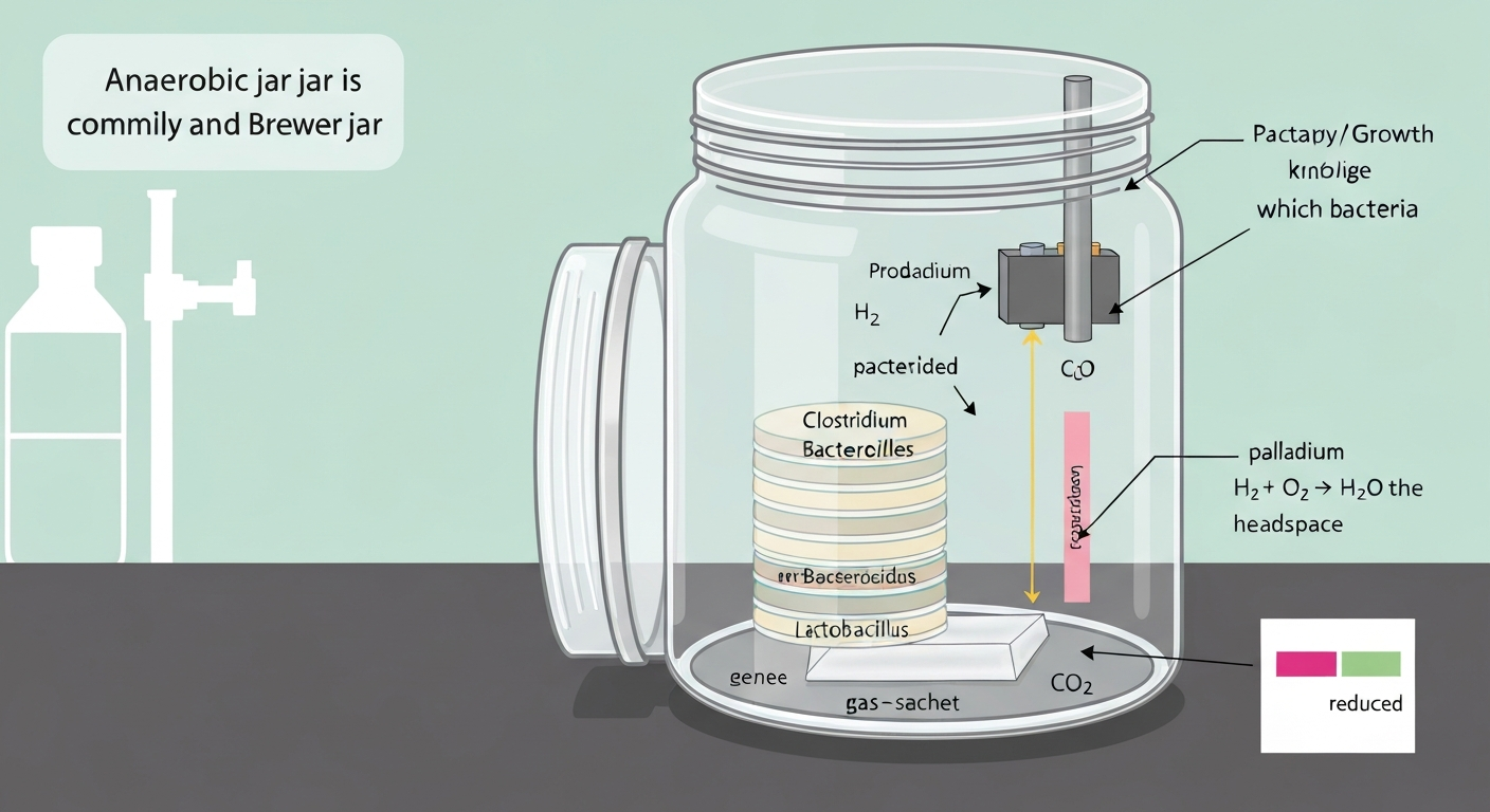 Cutaway infographic of an anaerobic (GasPak) jar showing agar plates, gas-generating sachet, palladium catalyst, arrows for H2 + O2 -> H2O reaction, and a resazurin indicator (colorless).