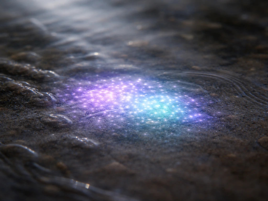 Macro view of violet-cyan phototrophic bacteria in shallow water, glowing where light reaches.