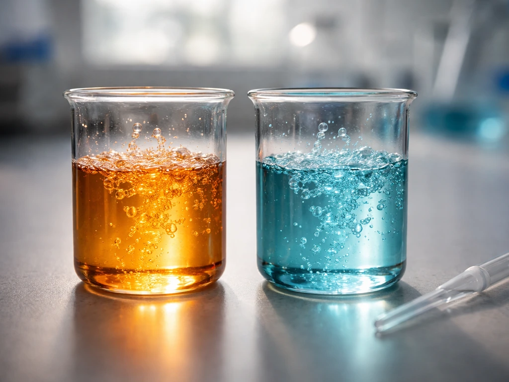 Macro photo of two simple lab beakers with colored bubbles suggesting organic vs inorganic energy sources.