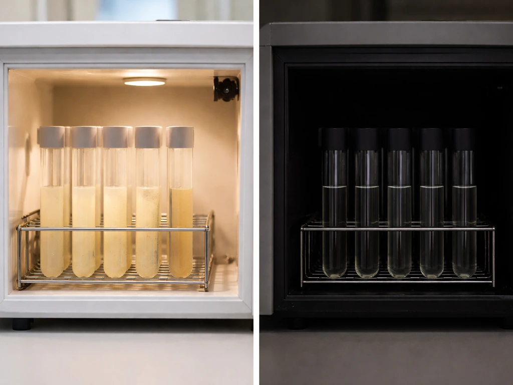 Two close-up test tubes showing cloudy growth in light versus clear broth in darkness