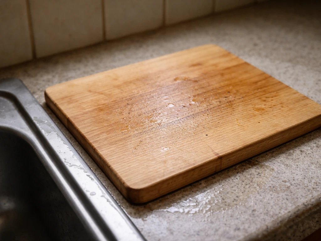 Close-up of a kitchen cutting board and countertop showing moist smear-like residue under mixed lighting.