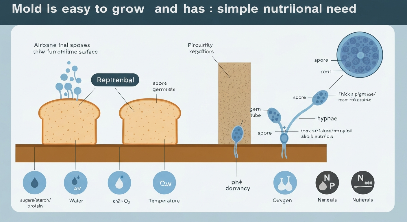 Infographic showing airborne mold spores landing on bread and damp drywall, spore germinating into hyphae that secrete enzymes and absorb carbon and nutrients; labeled water activity, oxygen, temperature, pH.
