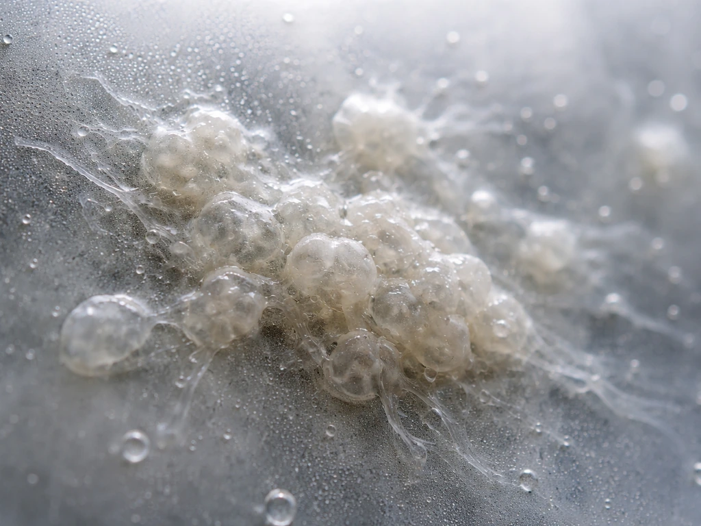 Close-up of irregular, translucent microbial-looking smears on a wet glass surface