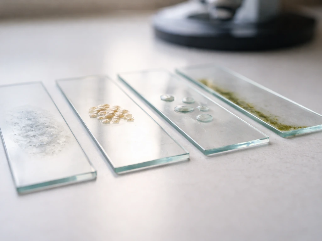 Minimal close-up of four labeled-free microscope slide specimens showing smear, clumps, protozoa-like shape, and algae f