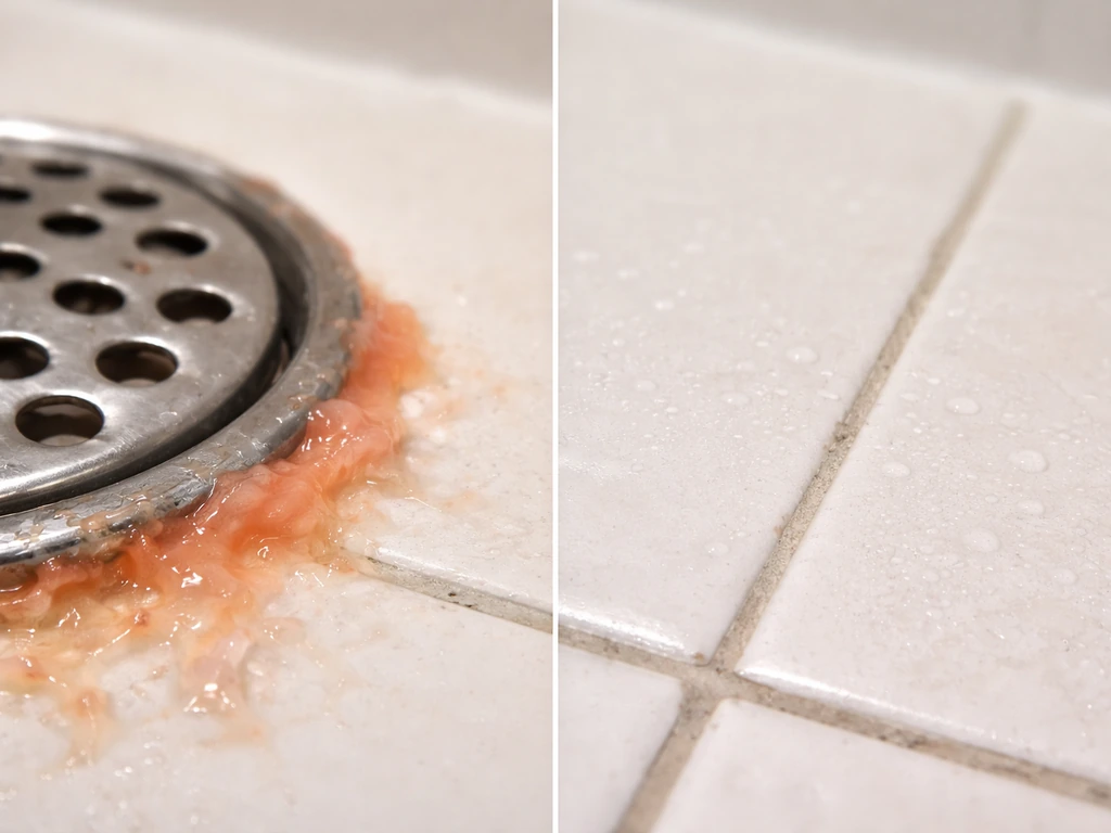 Close-up view of a bathroom drain with pink-orange slimy residue and a clean contrast surface nearby.