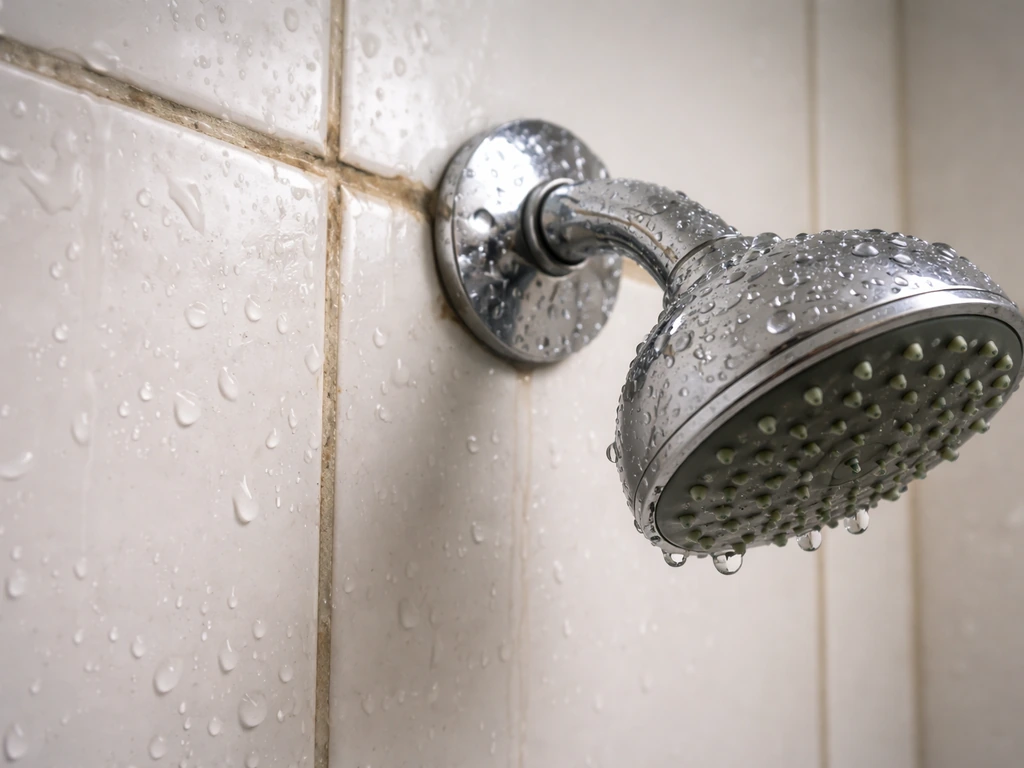 Close-up of a wet showerhead and tile grout with water droplets and subtle moisture darkening.