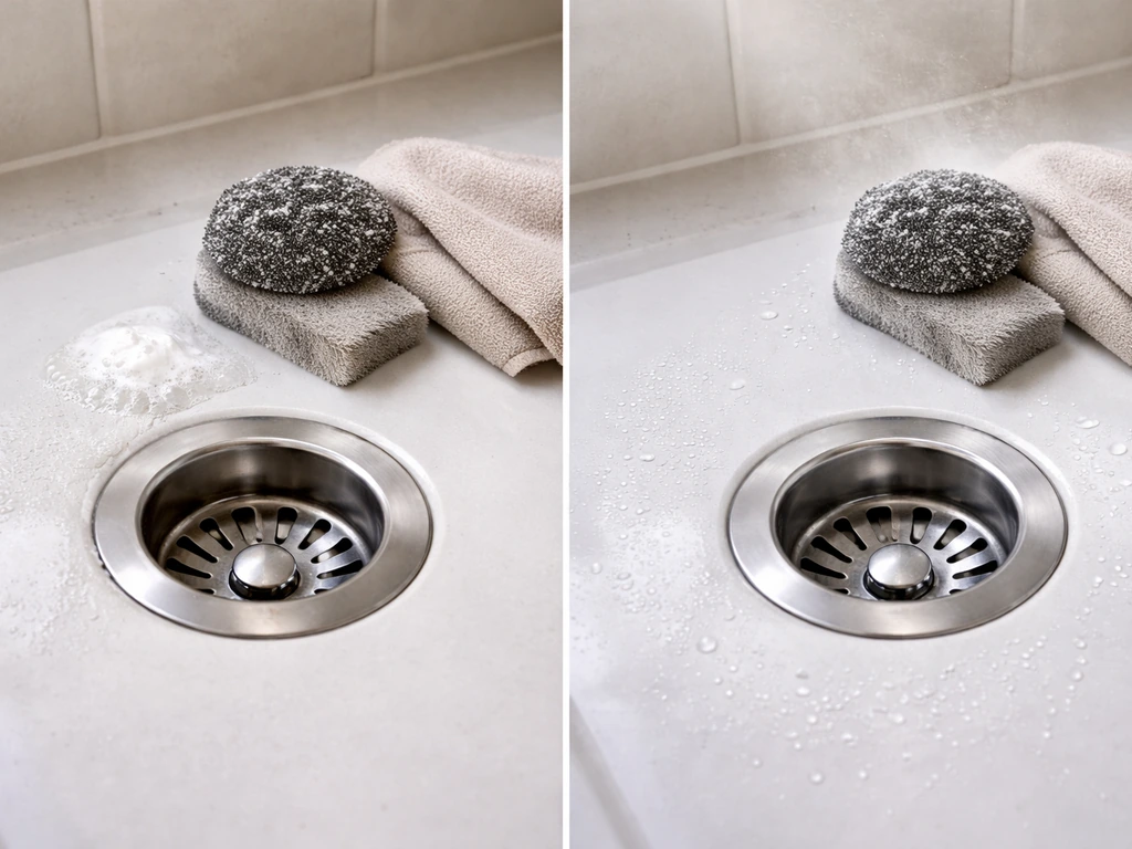 Side-by-side before/after of a sink drain: scrubbed clean surface with brush and water droplets.