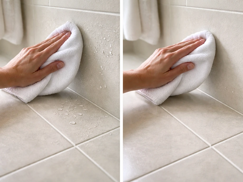 Bathroom tiles being wiped dry with a microfiber cloth after cleaning to prevent microbial buildup.