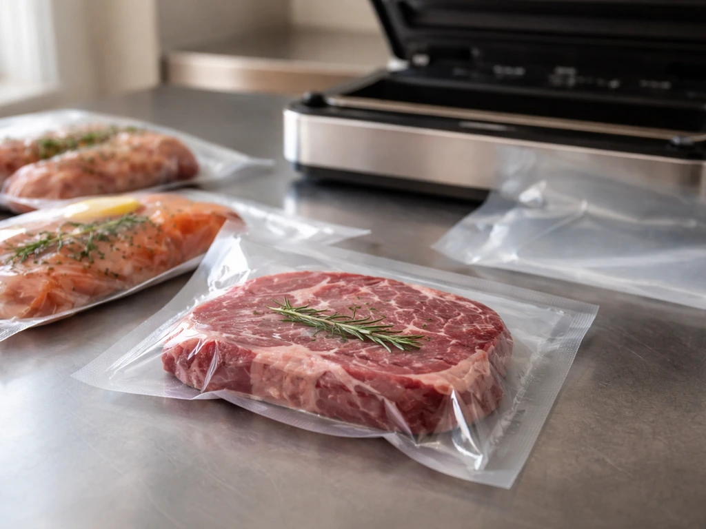 Close-up of vacuum-sealed meat packages on a countertop with a vacuum sealer and sealed bag pulled tight.