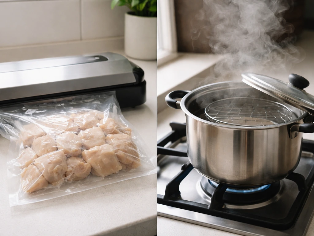 Vacuum-sealed food bag beside a separate steam sterilization pot on a kitchen countertop.