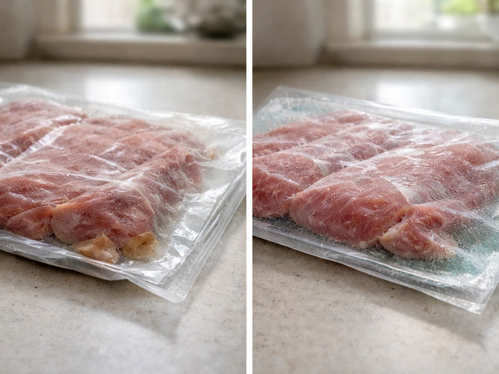 Two side-by-side photos of vacuum-sealed meat packages showing spoilage cues vs unseen risk.