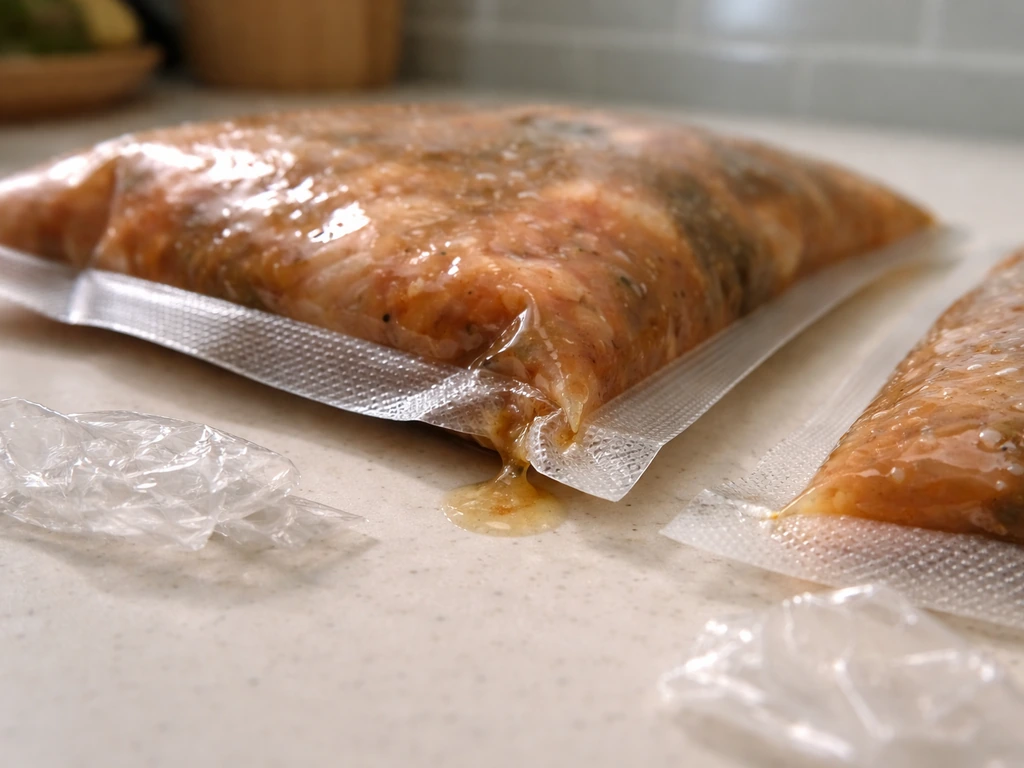 Close-up of a vacuum-sealed food bag showing puffiness and a compromised seam leak.