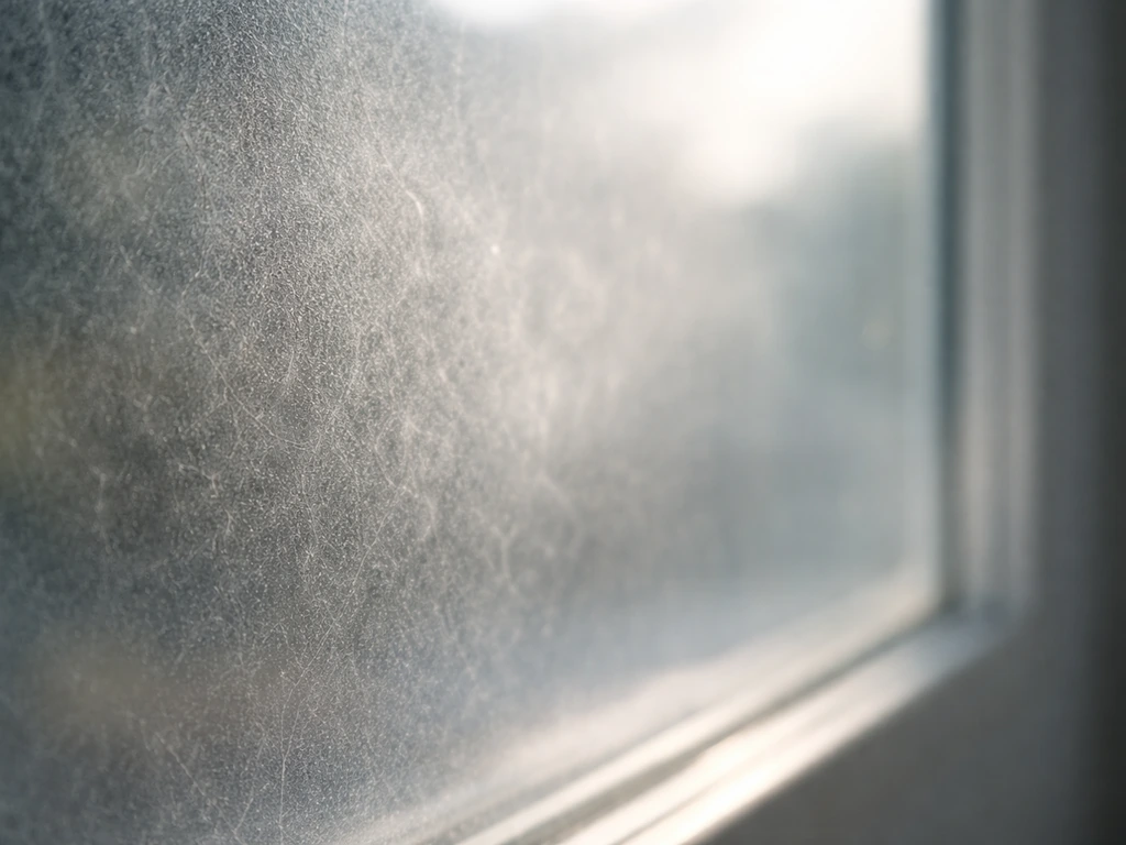 Close-up of clear glass with faint hazy film suggesting bacteria biofilm residue under soft light.