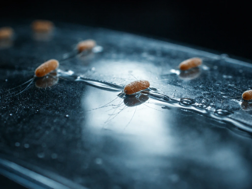 Macro view of rod-like bacteria attached to a wet, glistening hydrophilic glass surface.