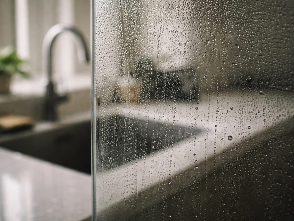 Close-up of a glass pane near a sink with water droplets and a thin wet sheen, showing moisture buildup.
