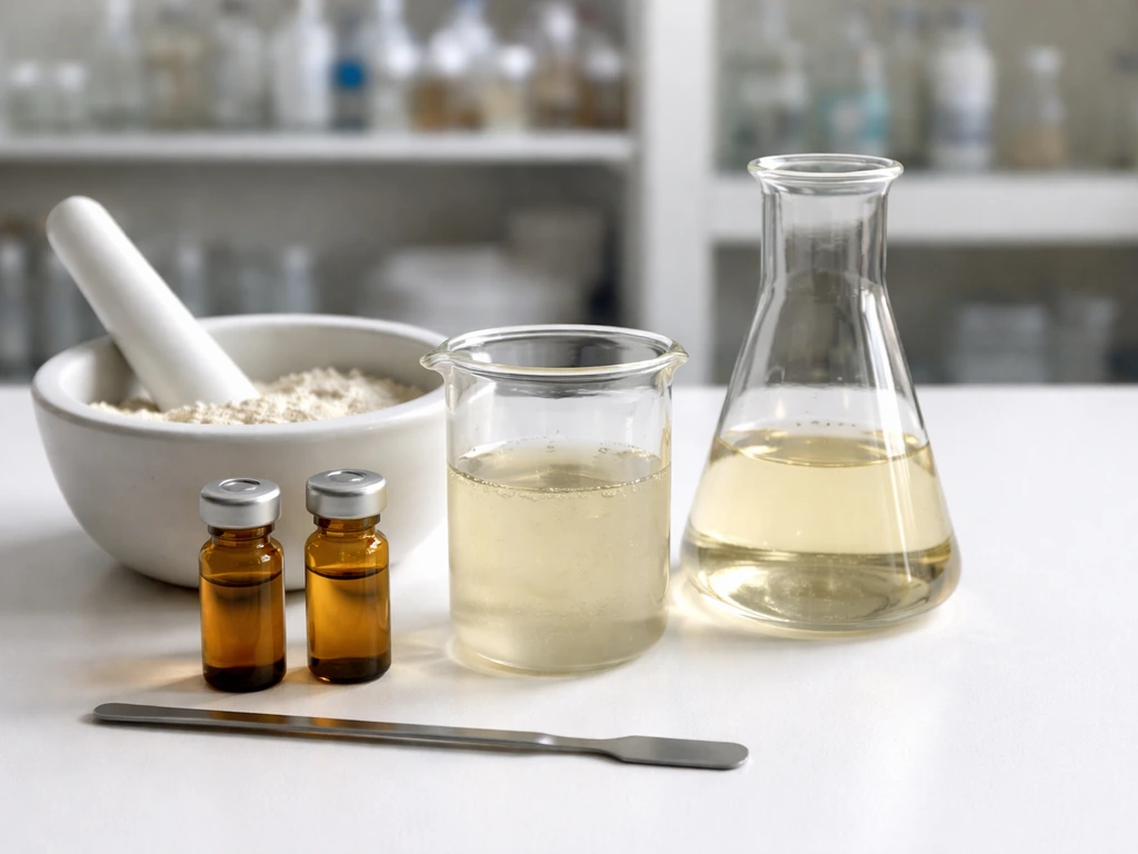 Minimal lab tabletop with beaker, vials, and powder suggesting nutrient plus reducing agent in thioglycollate medium